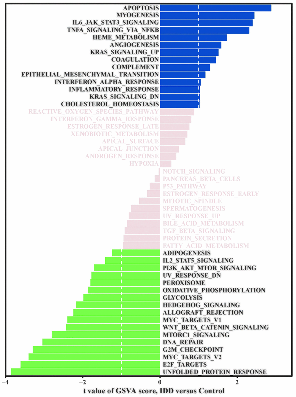 GSVA signal path analysis. GSVA score between IDD and normal group samples; t value is displayed from the linear model, we set |t|>1 as the cutoff value.
