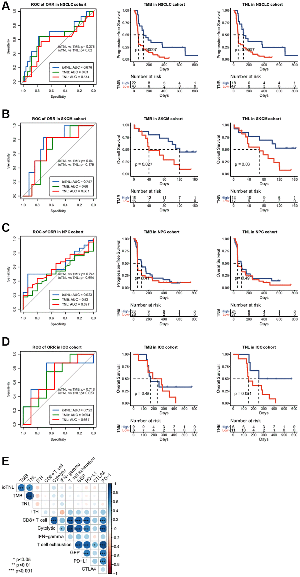 Association between ioTNL score and other immunotherapy biomarkers. Comparison of the response prediction among TMB, TNL and ioTNL in the NSCLC cohort (A, left), the SKCM cohort (B, left), the NPC cohort (C, left) and the ICC cohort (D, left). Kaplan-Meier analysis of patient survival of TMB and TNL in the NSCLC cohort (A, middle and right), the SKCM cohort (B, middle and right), the NPC cohort (C, middle and right) and the ICC cohort (D, middle and right). (E) Spearman correlation of ioTNL with genomic biomarkers and microenvironment-related biomarkers in SKCM cohort. Positive correlations are labeled in blue and negative correlation are labeled in red. Size of circle represented the value of correlation.