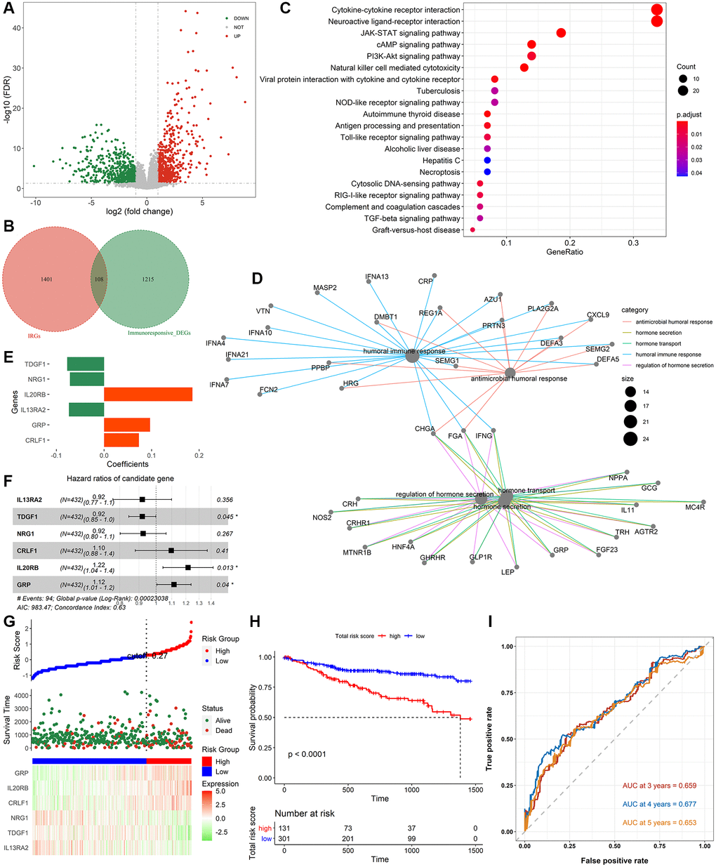 Identification of immune-related signatures and construction of IRIRScore prognostic model. (A) Volcano plot on immunotherapeutic response related DEGs between the responders and non-responders in anti-PD-L1 cohort. The green dots represent downregulated genes, while the red dots represent upregulated genes. (B) Venn diagram of the intersection between the immunotherapeutic response related DEGs and IRGs. (C) KEGG pathway enrichment analysis of IRIGs. (D) GO analysis of IRIGs. (E) The coefficients of the 6 IRIGs related to prognosis of colon cancer. (F) Forest plot showing the HR of each IRIG. (G) The distribution of samples in the high- and low risk score groups and their relationship with OS, and the expression pattern of 6 prognostic signatures in high- and low risk score groups. (H) Kaplan-Meier curve exhibited that OS of patients in the low-risk score group was significantly higher than those in the high-risk score group. (I) Time-dependent ROC curve analysis of the IRIRScore model.