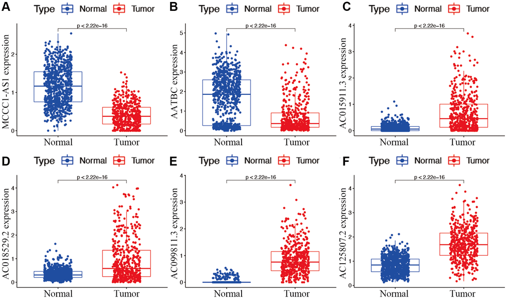 Expression of hub m7G-associated lncRNAs MCCC1-AS1 (A), AATBC (B), AC015911.3 (C), AC018529.2 (D), AC099811.3 (E), and AC125807.2 (F) in risk subgroups.