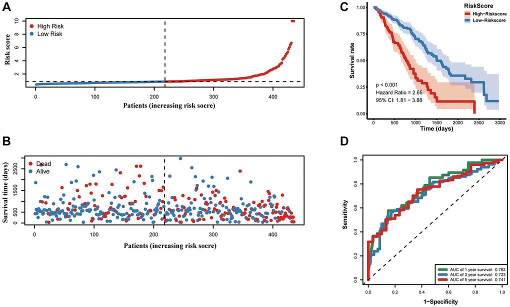 Prognostic value of the prognostic signature in the TCGA cohort. (A) the risk score and (B) the survival status of LUAD patients, (C) Kaplan-Meier survival analysis, (D) ROC analysis.