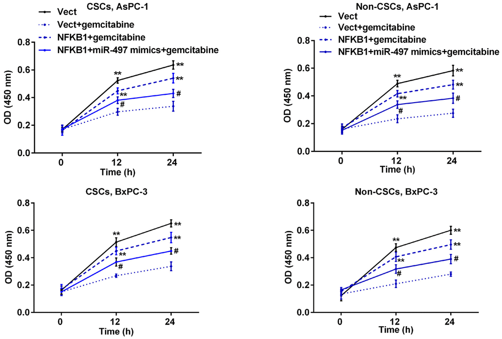 MiR-497 mimics inhibited NFκB1-induced resistance to gemcitabine in pancreatic cancer cells. CSCs and non-CSCs derived from populations of AsPC-1 or BxPC-3 cells were transfected with the NFκB1 overexpression vector, empty vector alone, or in combination with miR-497 mimics and then exposed to gemcitabine. After 24 h of treatment, cell viability was examined by the CCK-8 assay. **p 