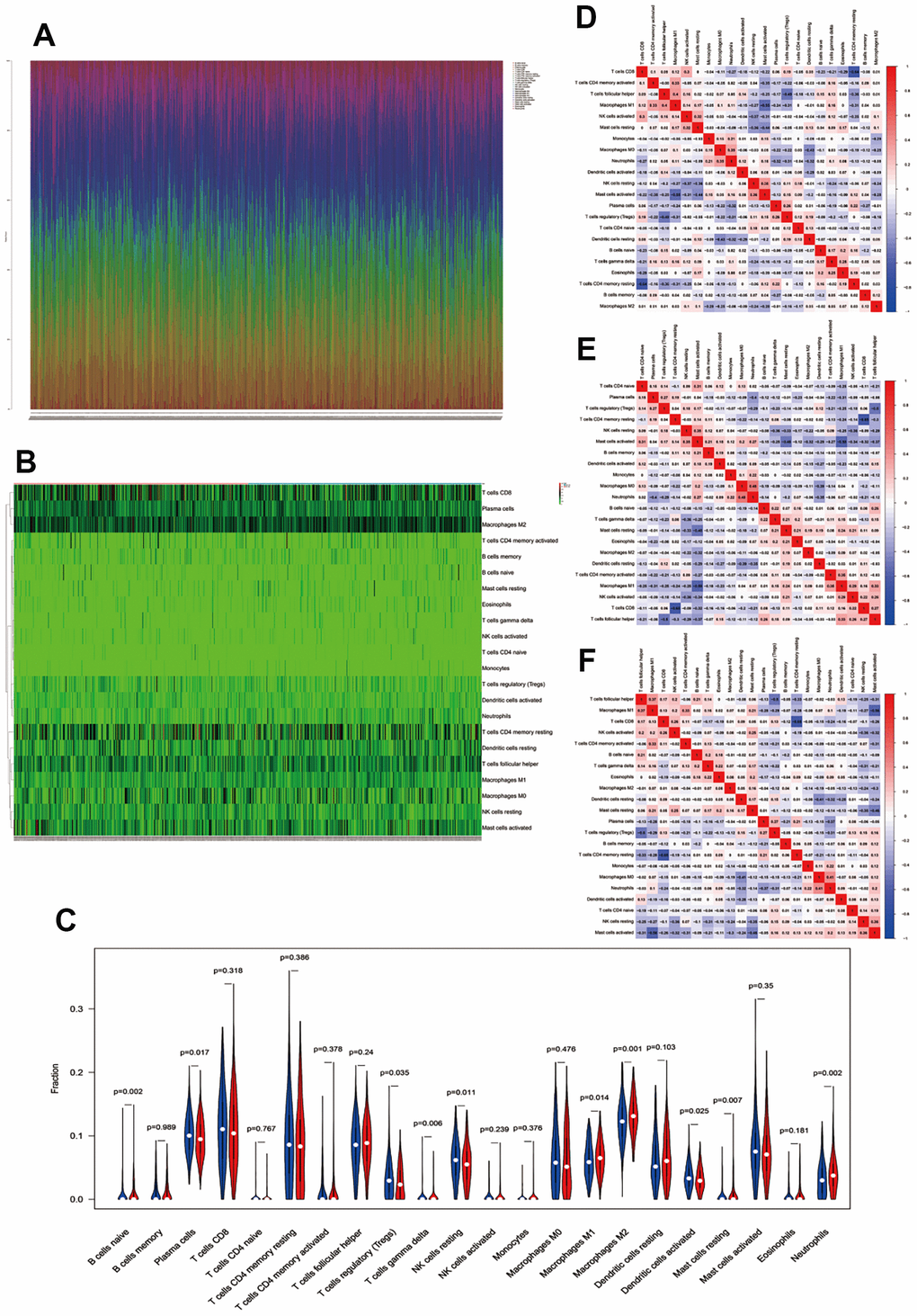 Immune infiltration between the low- and high-risk groups. (A) Fractions of immune cells in every single CC sample. (B, C) Heatmap and vioplot of immune cells between the low- and high-risk groups. Correlation between immune cells in low-risk samples (D), high-risk samples (E), and all colon cancer samples (F).