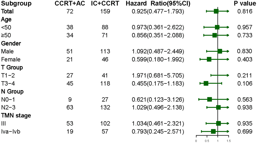 Overall survival in LANPC patients treated with IC+CCRT or CCRT+AC, stratified by age, gender, and tumor stage.