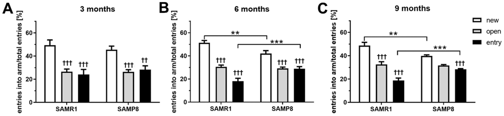 Impaired spatial working memory of SAMP8 mice in Y maze (A) 3 months old mice (B) 6 months old mice (C) 9 months old mice. Mice spent 5 minutes in the entry and open arm, then 5 minutes in free access to new, open and entry arms. Data are mean ± SEM, analyzed by 2-way ANOVA, repeated measures, with Bonferroni post test. Significance is **P † open and entry arm compared to the new arm. n = 12 (3 months old), 10 (6 months old) or 5 (9 months old) mice per group.