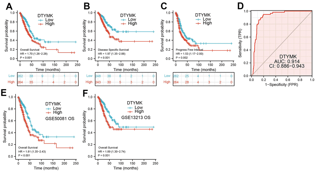 ROC and Kaplan-Meier curves of DTYMK. (A–C) Kaplan–Meier survival curves showed that lung adenocarcinoma patients with high DTYMK expression exhibited poor overall survival, disease-specific survival and progression-free survival of DTYMK in LUAD determine by TCGA-LUAD dataset. (D) ROC curves were used to determine the diagnostic value of DTYMK in lung adenocarcinoma. (E, F) Kaplan–Meier survival curves showed that lung adenocarcinoma patients with high DTYMK expression exhibited poor overall survival determine by GEO dataset.