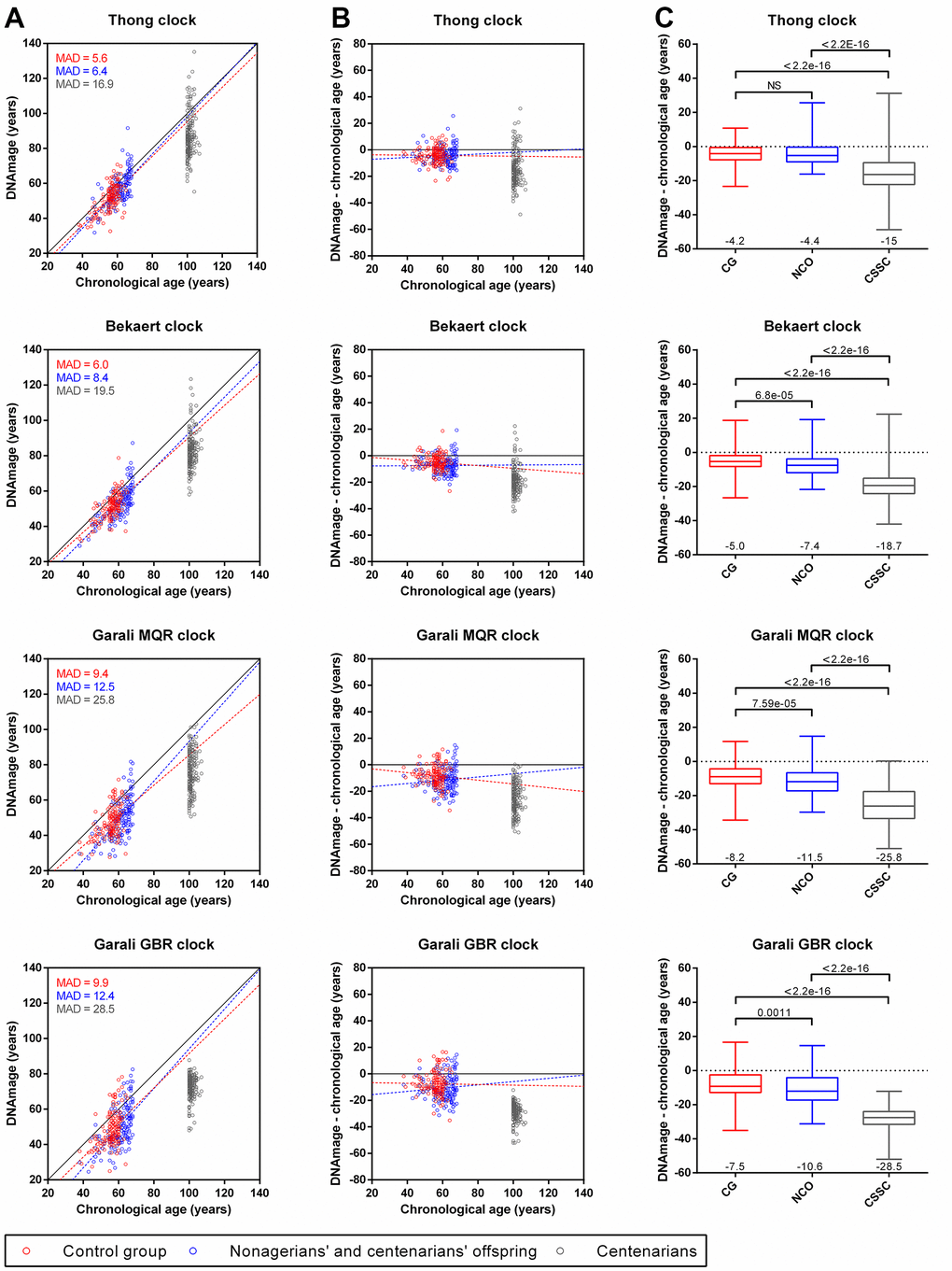 Comparison of DNAmage and chronological age obtained with the four epigenetic clocks for individuals from the control group (CG), nonagenarian’s and centenarians’ offspring (NCO) and centenarians (CSSC). (A) Scatterplots of the DNAmage and chronological age. The mean absolute deviation (MAD) of DNAmage from chronological age is given for each group. (B) Age differences between DNAmage and chronological age plotted against chronological age. Linear regression curves from CG and NCO samples are drawn in red and blue dotted lines (A, B), respectively. (C) Boxplots of DNAmage and chronological age differences according to each group. The mean age difference value is indicated at the bottom of each boxplot, while the p-values of the Mann-Whitney U tests are indicated at the top.