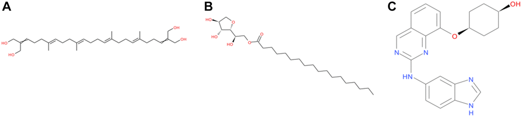 The structures of NCB-0846 and novel compounds selected from virtual screening. (A) ZINC000040976869; (B) ZINC000008214460; (C) NCB-0846.