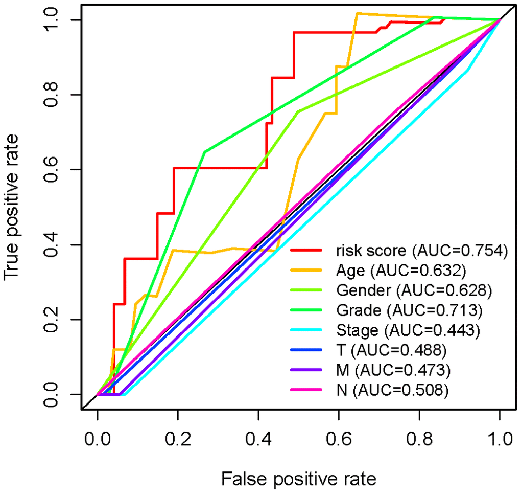 Receiver operating characteristic (ROC) curve. The AUC of risk score, age, gender, grade, stage, T-stage, M-stage and N-stage are 0.754, 0.632, 0.628, 0.713, 0.443, 0.488, 0.473 and 0.508 respectively.