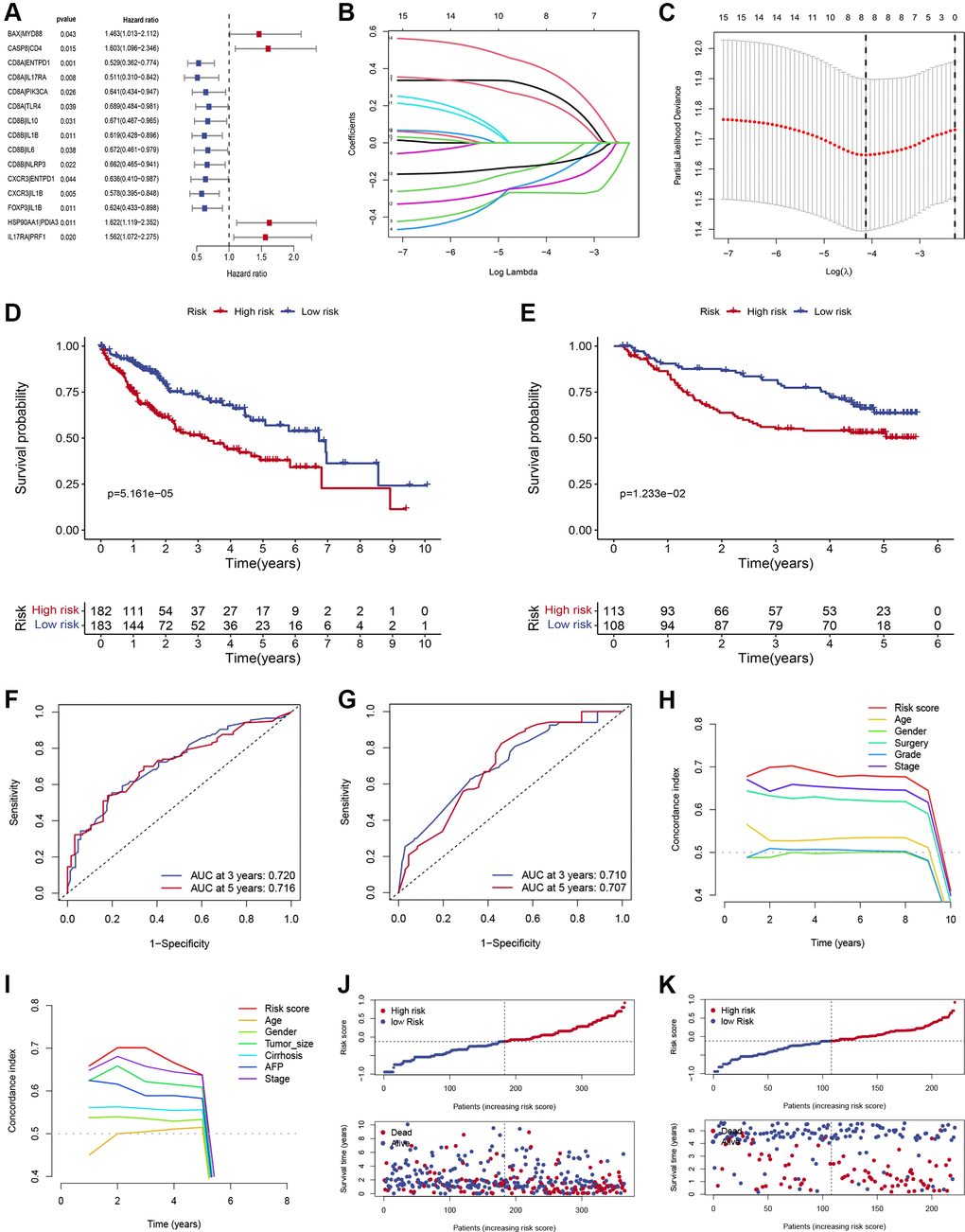 Construction and verification of ICD-related prognostic gene signature. (A) Forest plots showing the results of the Cox univariate regression of 15 ICD-related prognostic gene pairs. (B) The LASSO coefficient profile of 8 ICD-related prognostic gene pairs. (C) Selection of optimal LASSO model parameters for HCC patients (λ). (D, E) Kaplan-Meier survival curves of patients in low- and high-risk groups in training (D) and validation (E) sets. (F, G) The AUC values of the signature in the training (F) and validation sets (G). (H, I) C-index of the risk score and other clinical traits in the training (H) and validation sets (I). (J, K) Risk score and OS distributions were assessed in the training (J) and validation sets (K).