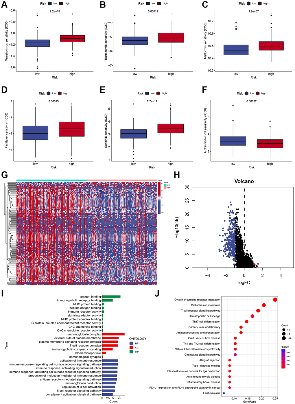 Chemotherapy sensitivity and functional enrichment analyses. (A–F) Boxplots of the IC50 values of the Temsirolimus, Bortezomib, Metformin, Paclitaxel, Sunitinib, and AKT inhibitor VIII between different risk subgroups. (G, H) Heatmap (G) and volcano plots (H) demonstrate DEGs between two risk subgroups. (I) GO terms of DEGs among different risk subgroups. (J) KEGG enrichment analyses of DEGs among different risk subgroups.