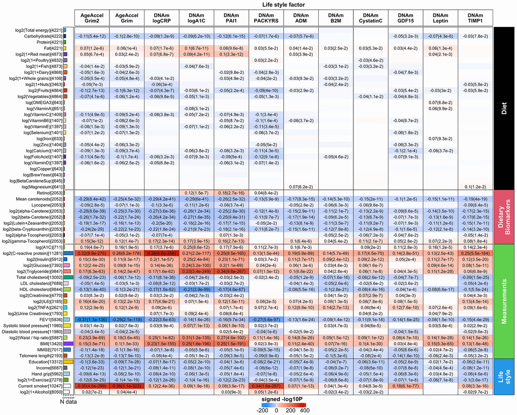 Meta cross-sectional correlations with diet, clinical biomarkers and lifestyle factors. Robust correlation coefficients (biweight midcorrelation [26]) between 1) AgeAccelGrim2, AgeAccelGrim, and ten age-adjusted underlying DNAm-based surrogate biomarkers underlying DNAmGrimAge2, and 2) 61 variables including 27 self-reported diet, 9 dietary biomarkers, 19 clinically relevant measurements related to vital signs, metabolic traits, inflammatory markers, cognitive function, lung function, central adiposity and leukocyte telomere length, and 6 lifestyle factors including hand grip strength. The y-axis lists variables in the format of name (sample size), followed by a bar plot denoting number of studies. Variables are arranged by category displayed on the right annotation. The x-axis lists AgeAccelGrim2, AgeAccelGrim, followed by DNAm estimates of log CRP, log A1C, PAI-1, smoking pack-years, etc. Each cell presents meta bicor estimates and P-value, provided PSupplementary Figure 12.