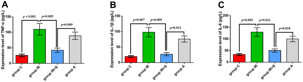 Sevoflurane postconditioning reduced neuroinflammation. mRNA levels of TNF-α (A), IL-1β (B), and IL-6 (C). Data are expressed as mean ± SD (n = 5 per group).