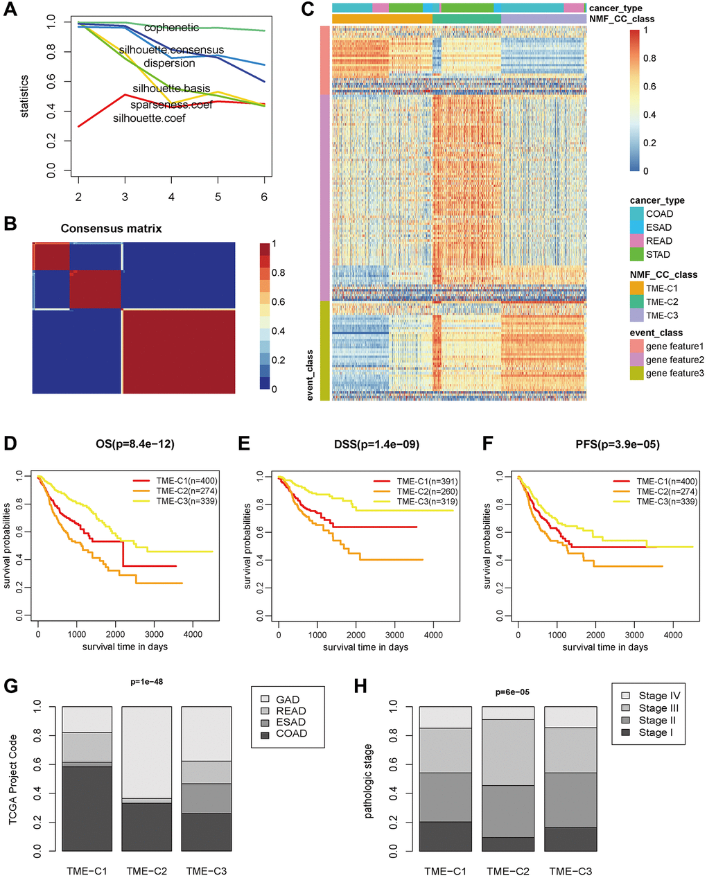 The three TME subtypes in GIAC tumors. (A) The classification indexes of different clusters in NMF results. (B) The consensus matrix when the cluster set as 3. (C) The heatmap of immune features for three TME subtypes determined by NMF classification analysis. (D–F) The KM plot of three TME subtypes in GIAC patients for OS, DSS and PFS. (G, H) The proportion of cancer types and tumor grade for the three TME subtypes.