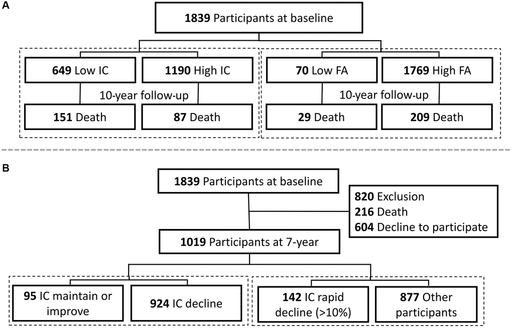 Study flowcharts of (A) survival analysis and (B) longitudinal study for biological features of intrinsic capacity. Abbreviations: IC: denotes intrinsic capacity; FA: denotes functional ability.