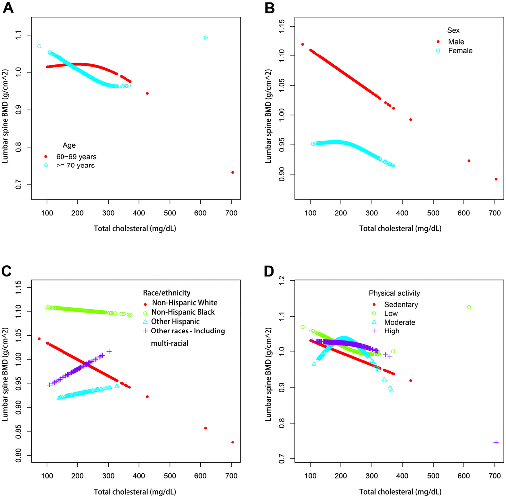 The association between serum total cholesterol and lumbar spine BMD stratified by different categorical variables. (A) Stratified by age. Sex, race / ethnicity, physical activity, income poverty rate, blood urea nitrogen, total protein, serum uric acid, blood calcium and body mass index were adjusted. (B) Stratified by sex. Age, race / ethnicity, physical activity, income poverty rate, blood urea nitrogen, total protein, serum uric acid, blood calcium and body mass index were adjusted. (C) Stratified by race / ethnicity. Age, sex, physical activity, income poverty rate, blood urea nitrogen, total protein, serum uric acid, blood calcium and body mass index were adjusted. (D) Stratified by physical activity. Age, sex, race / ethnicity, income poverty rate, blood urea nitrogen, total protein, total protein, serum uric acid, blood calcium and body mass index were adjusted.
