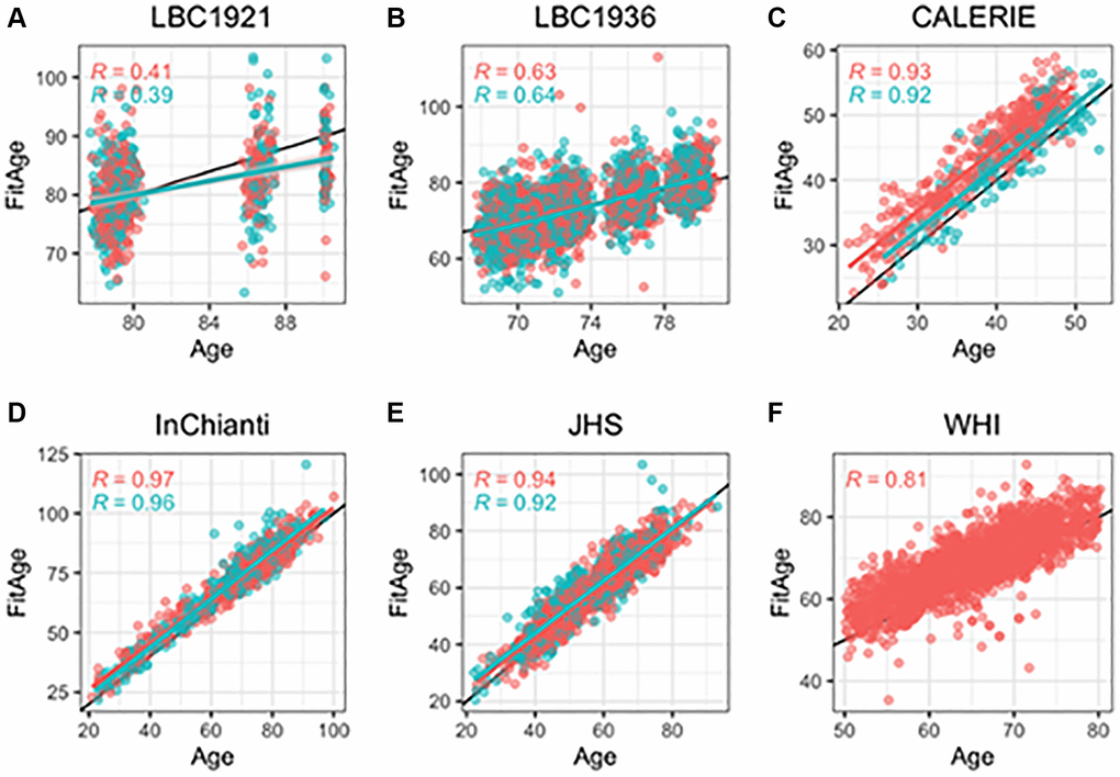 Scatterplots of DNAmFitAge versus age separated by sex. Pink indicates females, and blue indicates males. (A–F) Each panel corresponds to the performance of DNAmFitAge in one validation dataset displayed with Pearson correlation to chronological age and corresponding p-values. DNAmFitAge models applied to the same sex it was built in (i.e., DNAmFitAge built for females tested in females and DNAmFitAge built for males tested in males). DNAmFitAge is centered on chronological age with high correlation across all test sets.