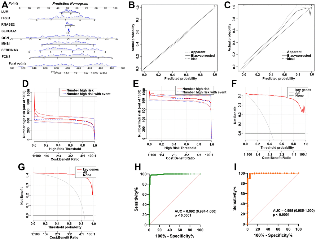 Establishment and verification of the ICM diagnostic signature and nomogram. (A) Eight predictive nomograms of genetic diagnosis. (B) Calibration curve in the training set. (C) Calibration curve in the testing set. (D) Decision curve analysis (DCA) in the training. (E) DCA in the testing set. (F) Clinical impact curve in the training set. (G) Clinical impact curve in the testing set. (H) ROC curve in the training set. (I) ROC curve in the testing set.