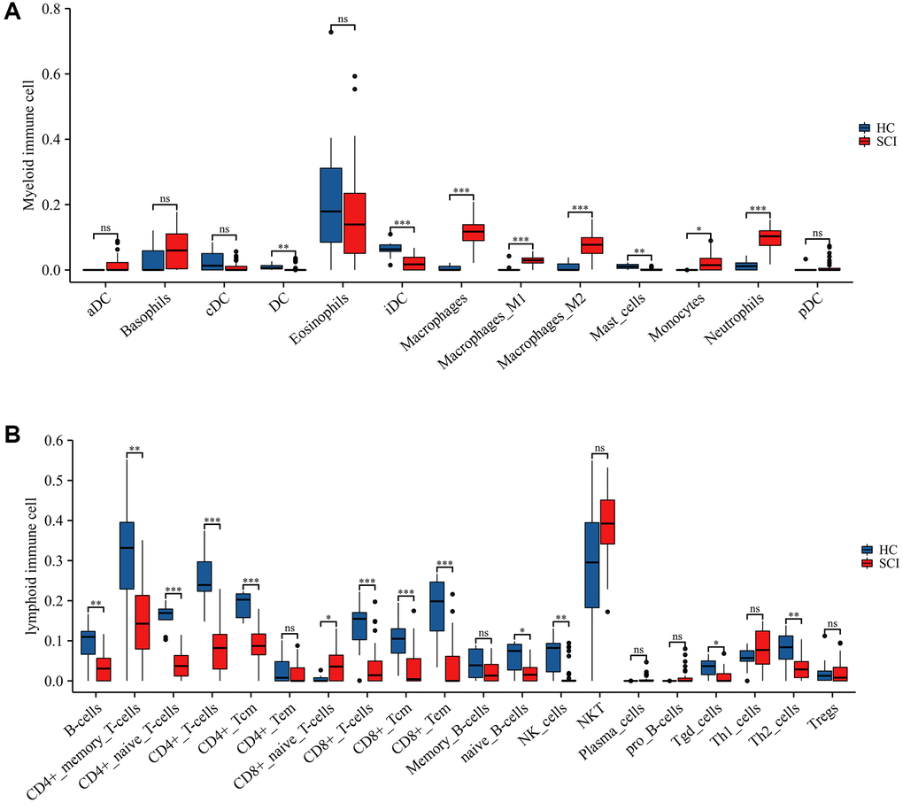 Immune landscape between SCI and HC groups assessed using xCELL algorithm. (A) Differences in myeloid immune cells; (B) Differences in lymphoid immune cells. *p **p ***p 