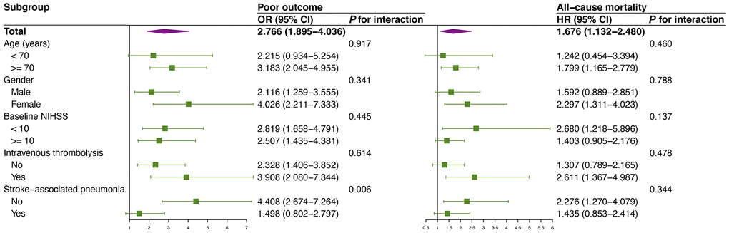 Subgroup analyses of the association between baseline YKL-40 and poor outcome as well as all-cause mortality. Interactions between baseline YKL-40 and interesting factors on one-year clinical outcomes were tested by the likelihood ratio test with adjustment for age, gender, history of hypertension, diabetes mellitus, hyperlipidemia, coronary artery disease, atrial fibrillation, smoking, drinking alcohol, baseline NIHSS, intravenous thrombolysis, and SAP other than variable was used as a subgroup. Abbreviations: OR, odd ratio; HR, hazard ratio; CI, confidence interval; NIHSS, National Institute of Health Stroke Scale; SAP, stroke-associated pneumonia.