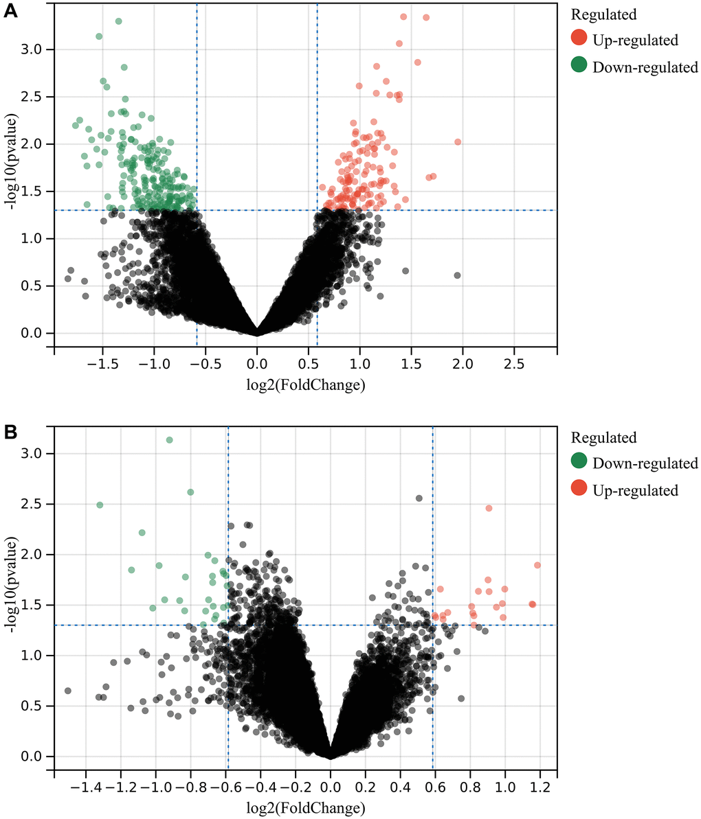 Detection of differentially expressed genes (DEGs). (A) 349 DEGs in GSE10540 (B) 49 DEGs in GSE12385.