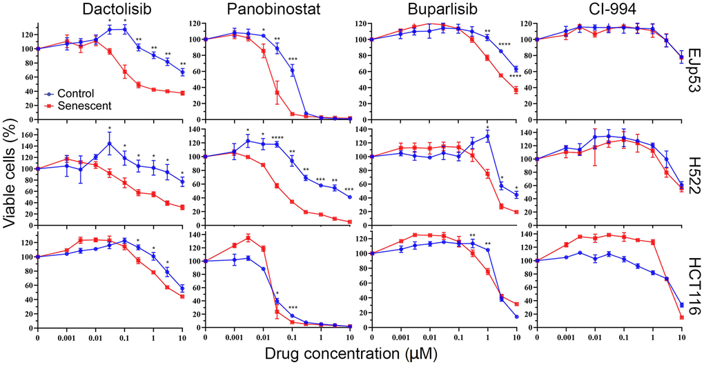 Investigation of the pathways involved in the senolytic effects of CUDC-907. Cell viability of control and senescent EJp53, H522 and HCT116 treated with different concentrations of dactolisib, panobinostat, buparlisib or CI-994 for 72h, as measured by a CTG assay. All values show mean ±SD of three independent experiments, and P values between each control and senescence pair are shown as *, P 
