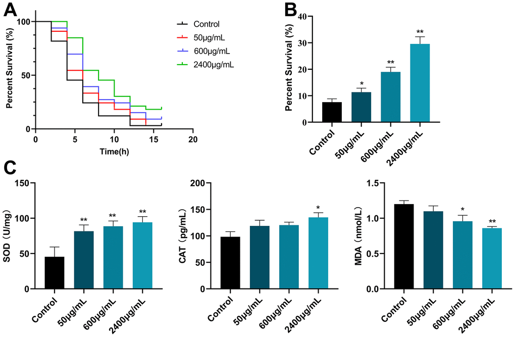 (A) Survival curve of C. elegans CL2006 after juglone stimulation. (B) Survival of C. elegans CL2006 after H2O2 stimulation. (C) The content of SOD, CAT, and MDA in C. elegans CL2006. *P