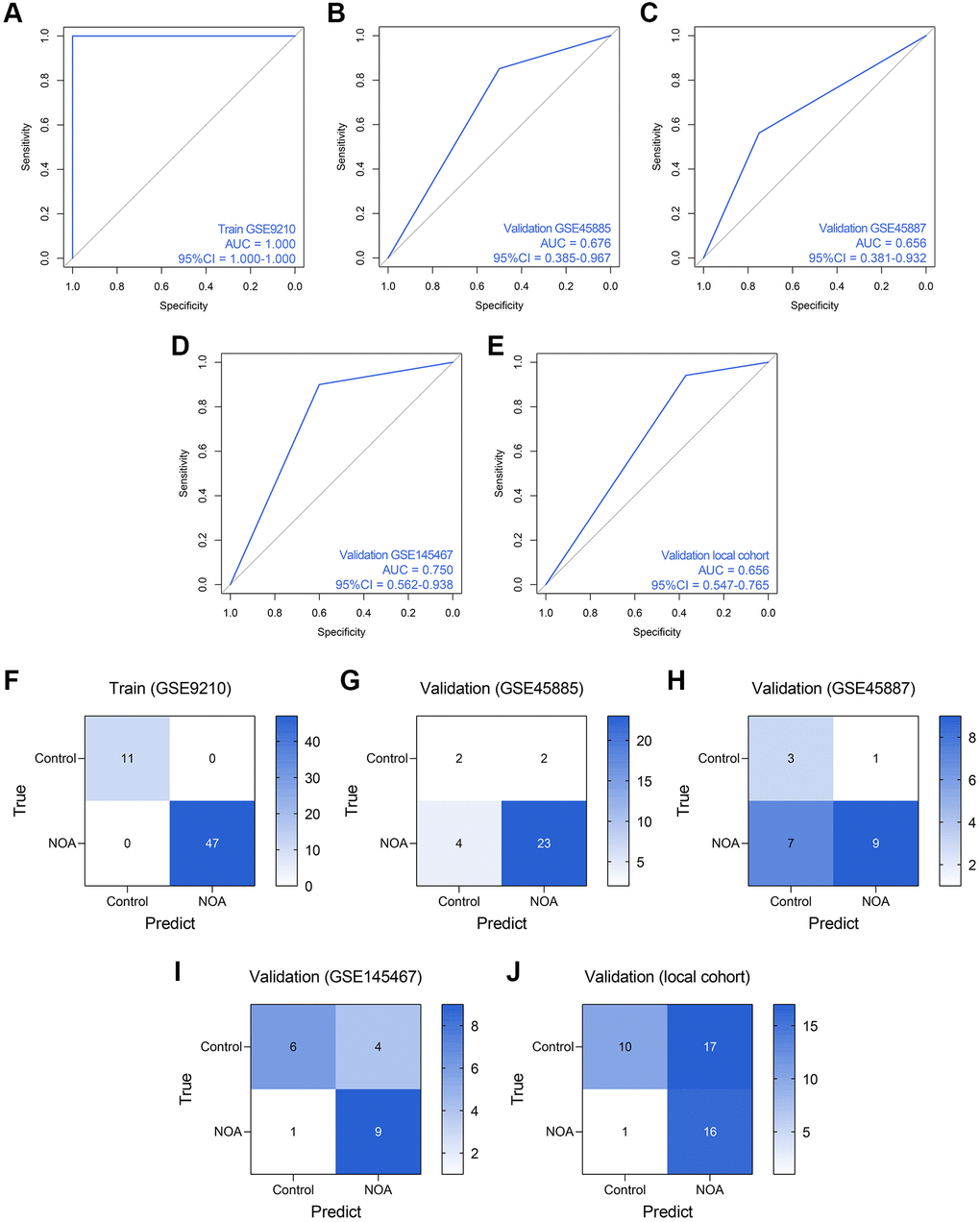 The predictive performance of an RF diagnosis model in each cohort. (A–E) The ROC analyses of the RF model in the training cohort (A), GSE45885 cohort (B), GSE45887 cohort (C), GSE145467 cohort (D), and the local cohort (E). (F–J) The confusion matrices of the RF model in the training cohort (F), GSE45885 cohort (G), GSE45887 cohort (H), GSE145467 cohort (I), and the local cohort (J). Abbreviation: RF: random forest.