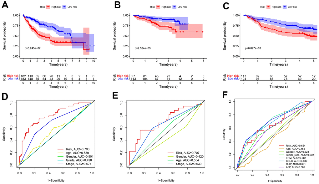 Predicting patient survival for the transcriptional addiction gene signature. (A) Survival analysis of different risk groups based on 365 patients from TCGA-LIHC set. (B) Survival analysis of risk groups based on 210 patients from ICGC-JP set. (C) Survival analysis of different risk groups based on 221 patients from GEO-GSE14520 set. (D) The time-dependent ROC curve of the risk score and clinicopathological characteristics in TCGA-LIHC set. (E) The time-dependent ROC curve of the risk score and clinicopathological characteristics in ICGC-JP set. (F) The time-dependent ROC curve of the risk score and clinicopathological characteristics in GEO-GSE14520 set.