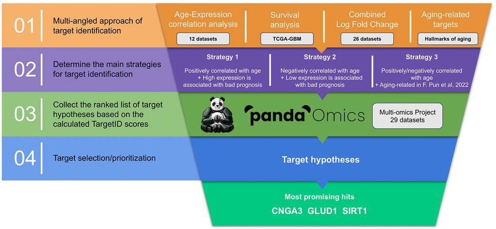 Overall workflow of the study. Current pipeline is designed to prioritize dual-purpose therapeutic targets by combining several data modalities following three distinct strategies of target identification. Potential target hypotheses are ranked using AI-driven scores obtained via PandaOmics TargetID engine and information regarding the combined expression, druggability, safety, novelty and accessibility by small molecules.