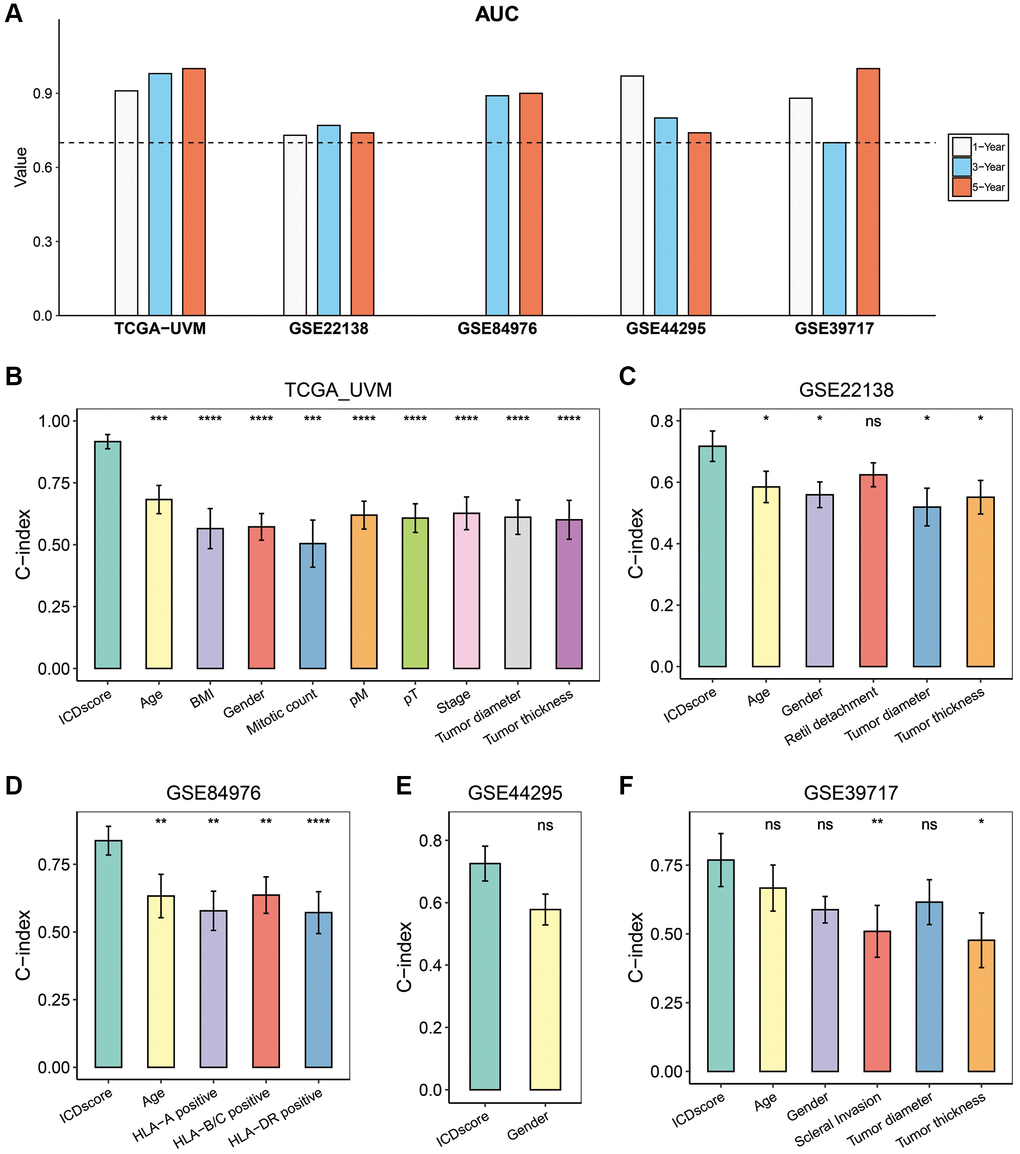 Evaluation of the ICDscore in UVM. (A) The 1-, 3-, and 5-year AUCs of the ICDscore in the TCGA-UVM, GSE22138, GSE84976, GSE44295, and GSE39717 cohorts. (B–F) The C-index (95% confidence interval) of the ICDscore and clinical features in the TCGA-UVM (B), GSE22138 (C), GSE84976 (D), GSE44295 (E), and GSE39717 (F) cohorts. Abbreviation: Ns: not significant. *p **p ***p ****p 