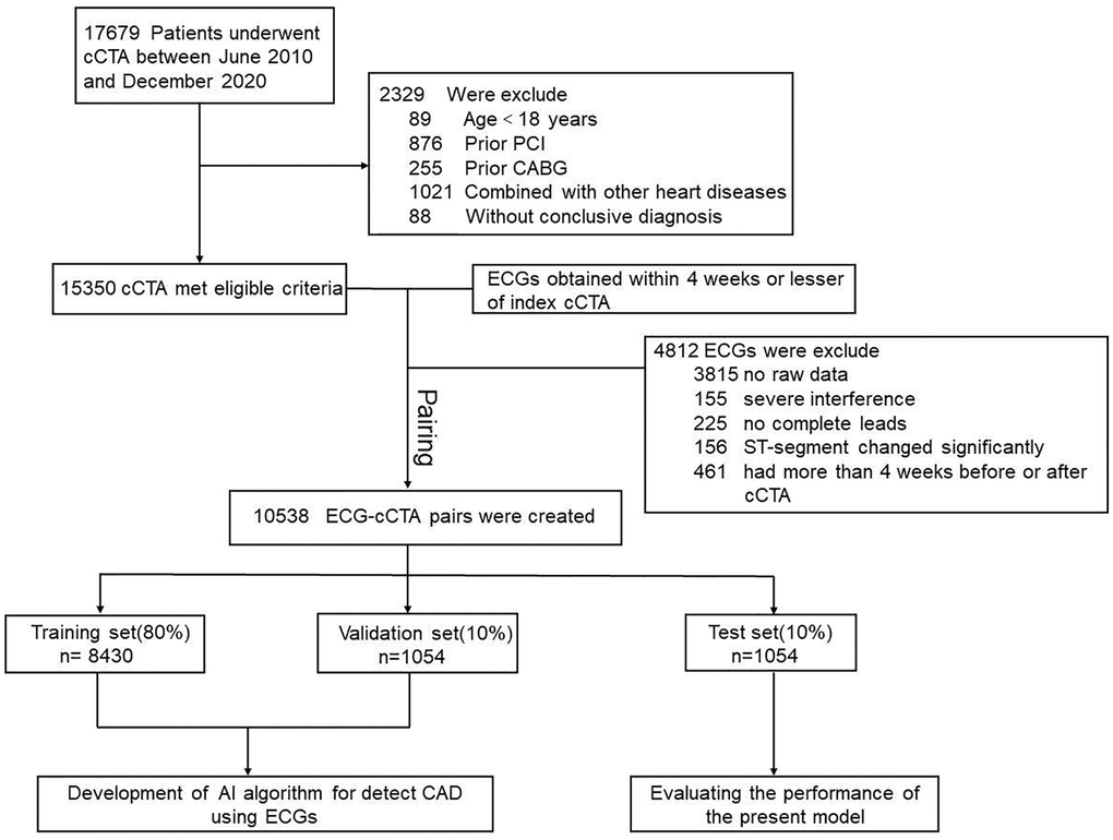 Study flowchart. Abbreviations: CAD: coronary artery disease; cCTA: coronary computed tomography angiography; ECG: electrocardiogram; CABG: coronary artery bypass grafting; PCI: percutaneous coronary intervention.