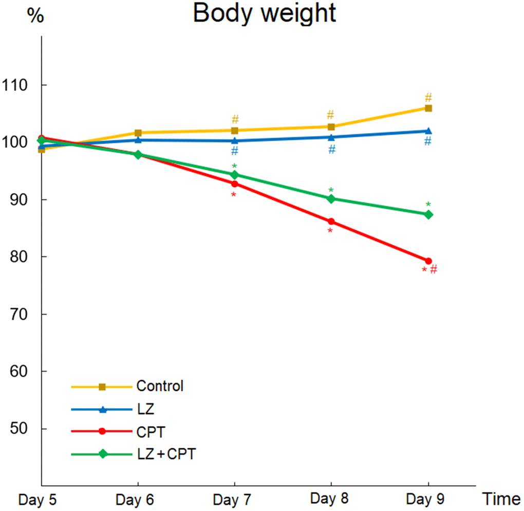 Beneficial effects of LZ-8 on body weight loss in mice with CPT-11-induced intestinal injury. Relative weight was calculated for each animal relative to its weight on day 4. There were no apparent changes of body weight profiles in the control and LZ groups, but body weights decreased significantly in mice of the CPT and LZ+CPT groups. The decline in body weights was milder in mice of the LZ+CPT group than the CPT group. One-way ANOVA was used for statistical analysis. * indicates P P 