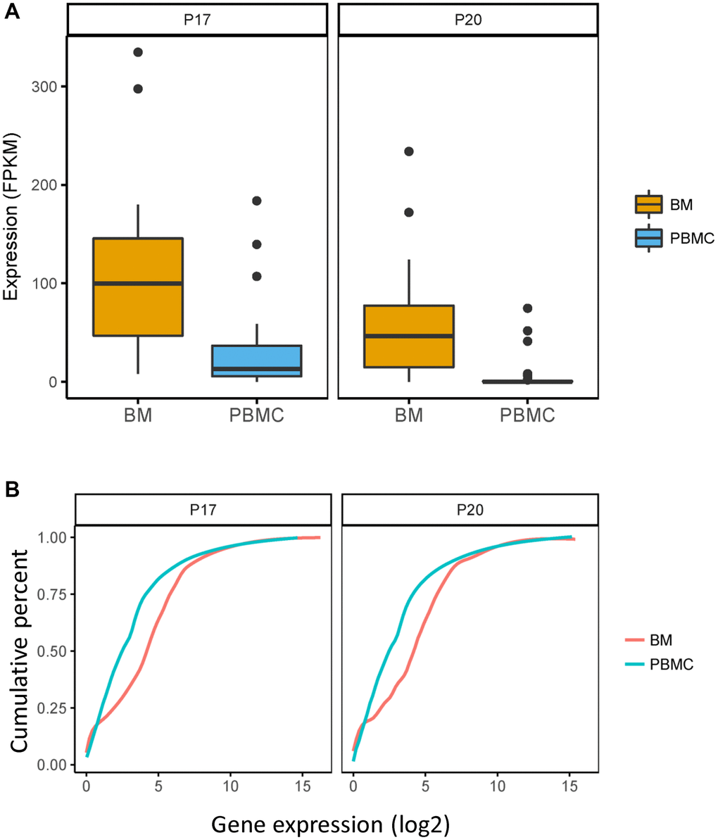 FAM46C expressed differently in CPCs versus BMMCs in P17 and P20 patient. Comparation of expression level of FAM46C and the whole transcriptome in CPCs and BMMCs of P17 and P20 patient. (A) FAM46C decreases in CPCs compared with BMMCs in P17 and P20 patients. P17: P = 9.4E-05, FC = −1.85; P20: P = 9.4E-05, FC = −3.53; Unpaired t test, two sided. (B) Lower transcriptome expression level in CPCs compared with BMMCs of single cell transcriptome in P17 and P20 patients. P17: P = 0.0003; P20: P 
