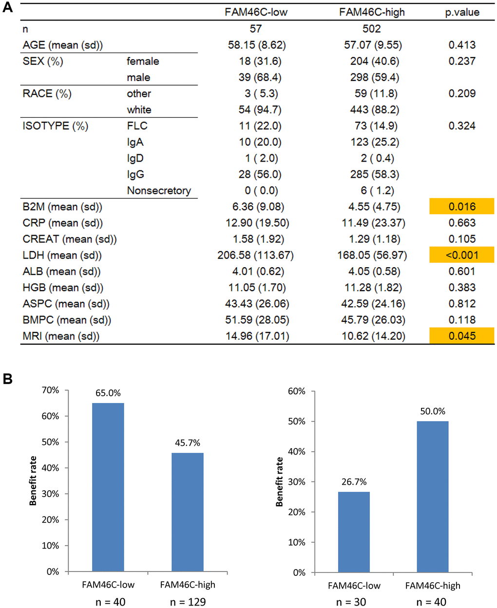 FAM46C was related to LDH level and clinical therapy in in multiple myeloma patients. (A) The comparison of clinical information between FAM46C-low and FAM46C-high group. (B) FAM46C was related to bortezomib and dexamethasone therapy in multiple myeloma patients. Left, bortezomib, P = 0.03, Chi-square test, two sided. Right, dexamethasone, P = 0.048, Chi-square test, two sided.