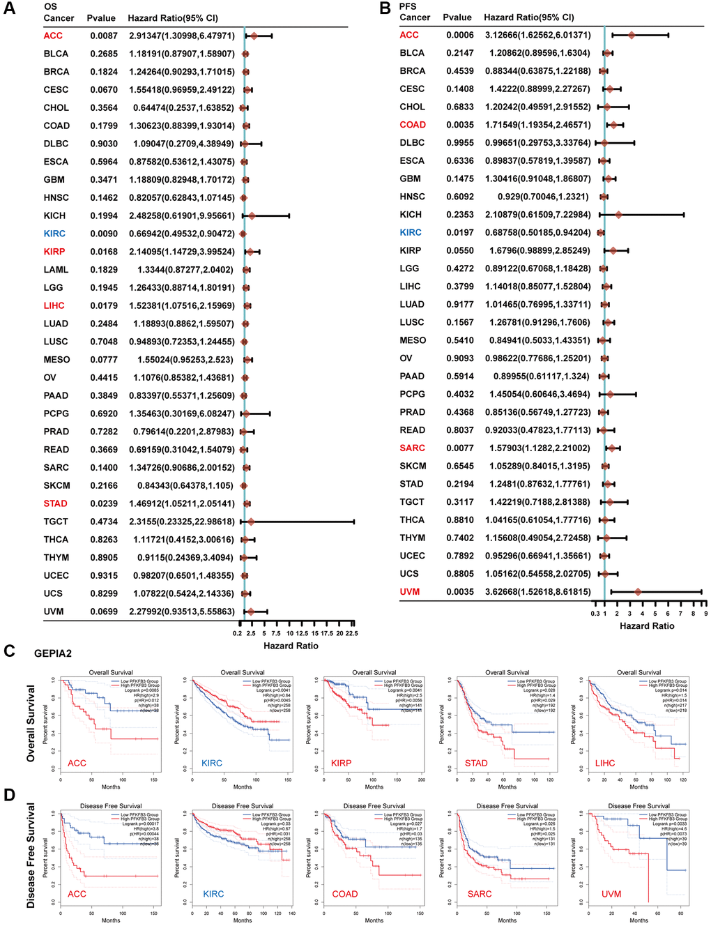 The correlation between PFKFB3 gene expression and survival prognosis in pan-cancer. (A) Analyzing overall survival (OS) of various tumors in TCGA according to PFKFB3 gene expression. (B) Analyzing Progression-free survival (PFS) of various tumors in TCGA according to PFKFB3 gene expression. (C) We utilized the GEPIA2 to analyze OS of various tumors in TCGA according to PFKFB3 gene expression. (D) We utilized the GEPIA2 to analyze disease-free survival (DFS) of various tumors in TCGA according to PFKFB3 gene expression.