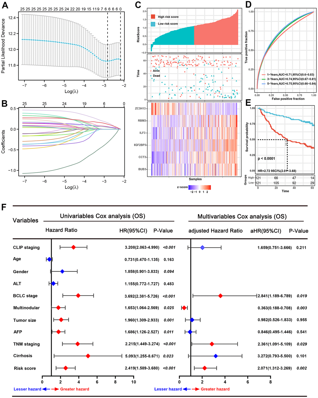 Prognostic analysis of the six-spliceosome-related gene signature in the training set. (A) six spliceosome-related genes were identified by the Least absolute shrinkage and selection operator (LASSO) regression model according to minimum criteria. (B) The coefficient of spliceosome-related genes was calculated by LASSO regression. (C) HCC patients were divided into high-risk and low-risk score groups based on the median risk score; High-risk score groups had lower survival rates than patients in low-risk score groups; Patients in high-risk score groups has lower ZC3H13 mRNA expression, whereas higher RBM3, ILF3, IGF2BP3, CCT3, and BUB3 mRNA levels. (D) 1-, 3-, and 5-year time-dependent receiver operating characteristic curve (ROC) of the spliceosome-related genes signature in the training cohort. (E) High-risk score patients have poorer overall survival probability than patients with low-risk scores in the training set. (F) Forrest plot of the univariate and multivariate Cox regression analyses for overall survival in the training set.