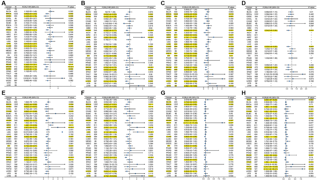 Prognostic value of the FCRL family gene in pan-cancer. Forest plot of (A) FCRL1, (B) FCRL2, (C) FCRL3, (D) FCRL4, (E) FCRL5, (F) FCRL6, (G) FCRLA, (H) FCRLB OS in 34 cancers. The FCRL gene has been identified as a potential protective or risk factor in the development of this particular cancer, as indicated by its highlighted representation in yellow.