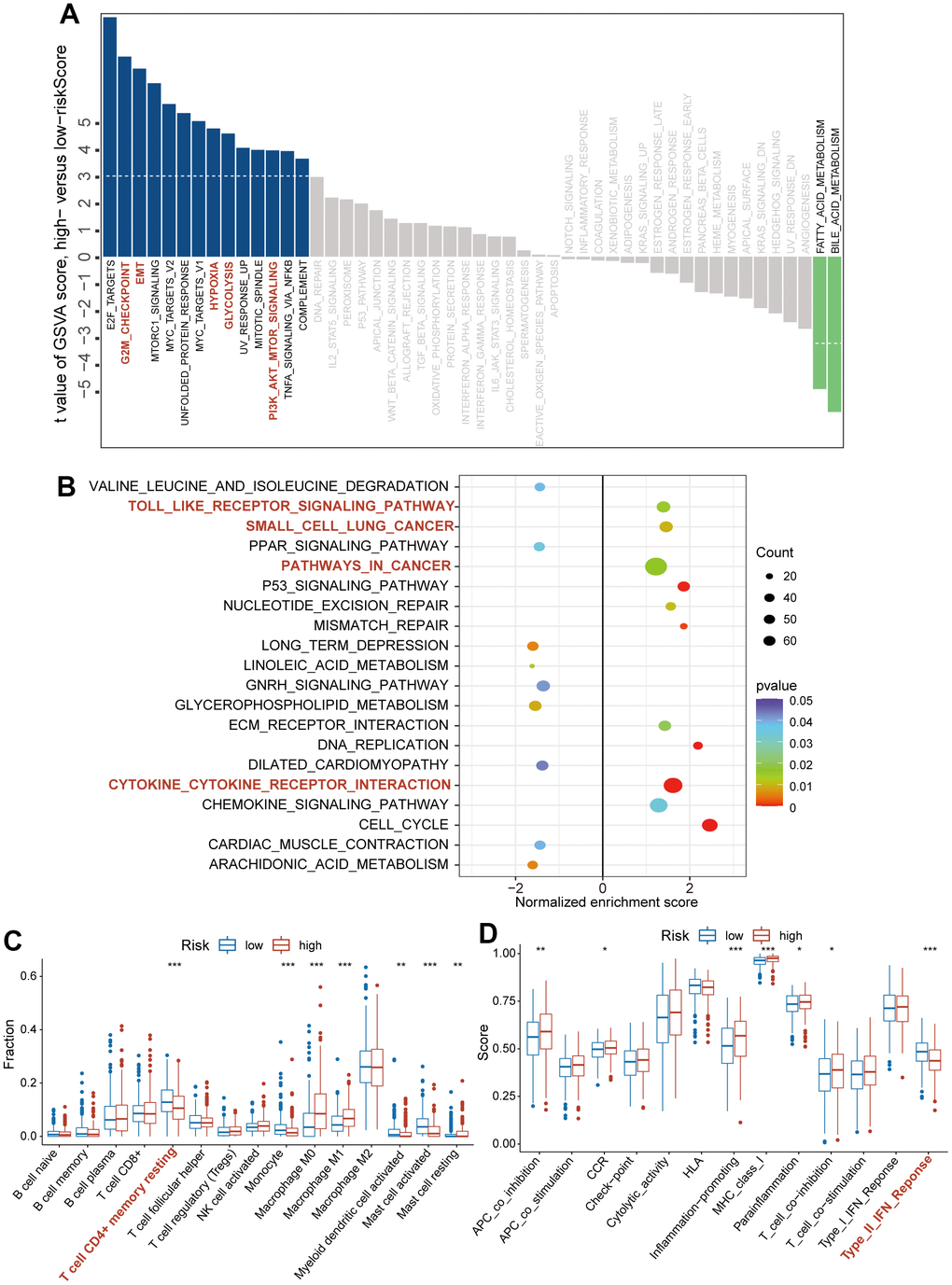 The association of CAFs-related risk signature (CAFRS) with oncogenic pathways and immune cells/functions. (A) The bar plots showing the GSVA scores of hallmark pathways (Fifty items) between the low- and high-risk subgroups. Red bar plots represent activated pathways in the high-risk subgroup. (B) The bubble plot indicating the activated and repressed pathways between low- and high-risk subgroup, referring to the KEGG gene set. (C) The fraction of tumor infiltrating immune cells between low- and high-risk subgroups (D) Immune function scores between low- and high-risk subgroup. (*P **P ***P 