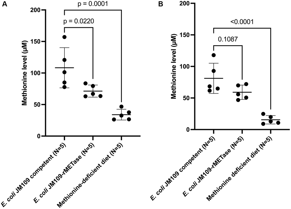 Blood methionine level at day 15 (A) and day 29 (B).