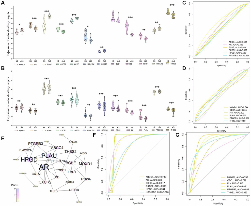 The relationship between the Hub-target of AAK compounds and the development processes of skin aging. (A, B) The down-regulated expression of ABCC4, PTGER3, BCEH, HPGD, MOXD1 and up-regulated expression of AR, CXCR2, HSD17B2, ODC1, PI3, PLAU and THBS2 among hub-target by AAK; (C, D) ROC curves of ABCC4, AR, BCEH, PI3, BCHE, CXCR2, HPGD, HSD17B2 through dataset GSE192564 and GSE192565; (E) PPI analysis of 29 core genes; (F, G) ROC curves of MOXD1, ODC1, PLAU, PTGER3, THBS2 through dataset GSE192564 and GSE192565).