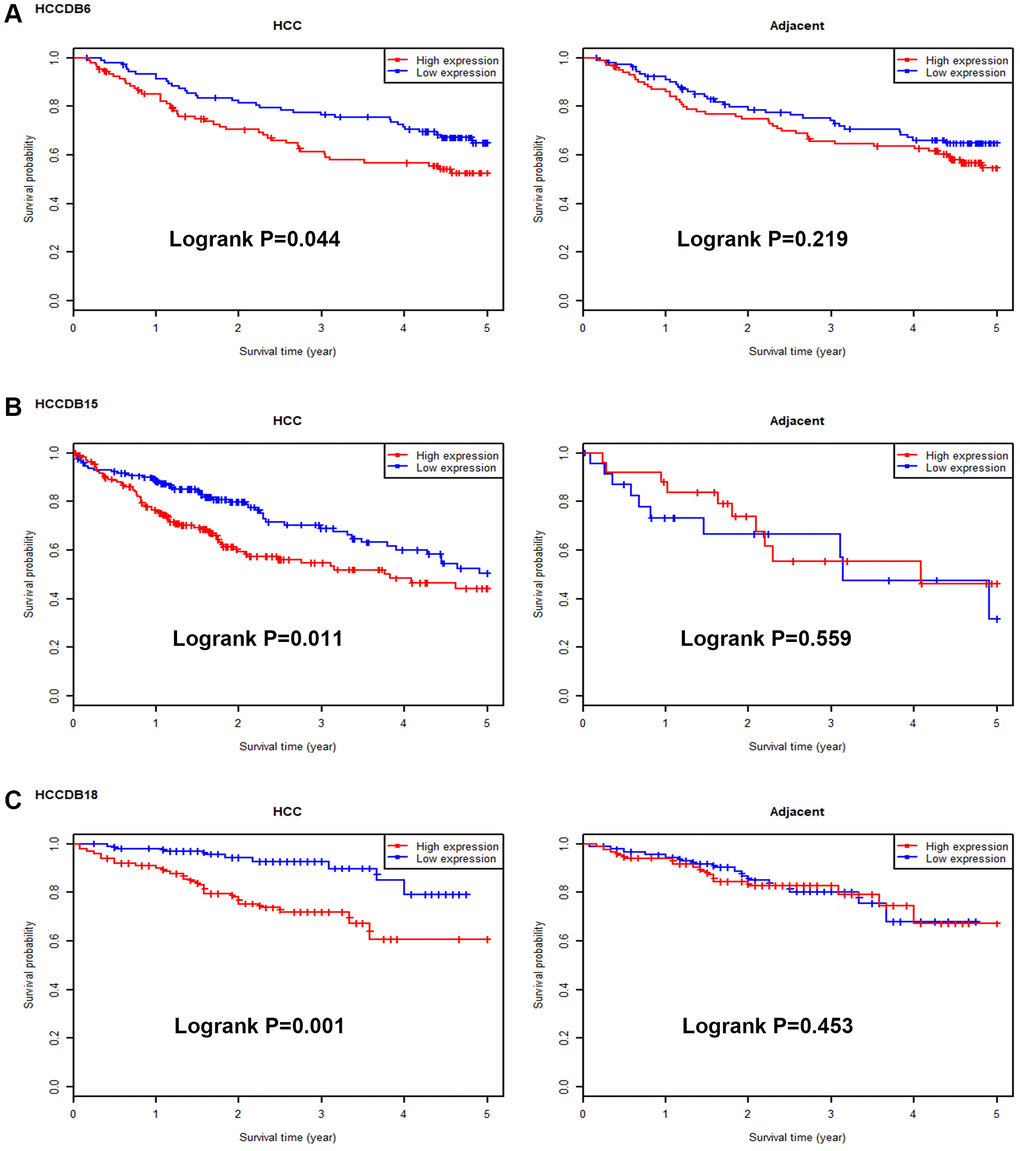 Survival analysis for UBE2C in HCC and adjacent normal samples. The prognostic values of UBE2C in HCC and adjacent normal liver tissues in HCCDB6 (A), HCCDB15 (B) and HCCDB18 (C) datasets determined by HCCDB database.