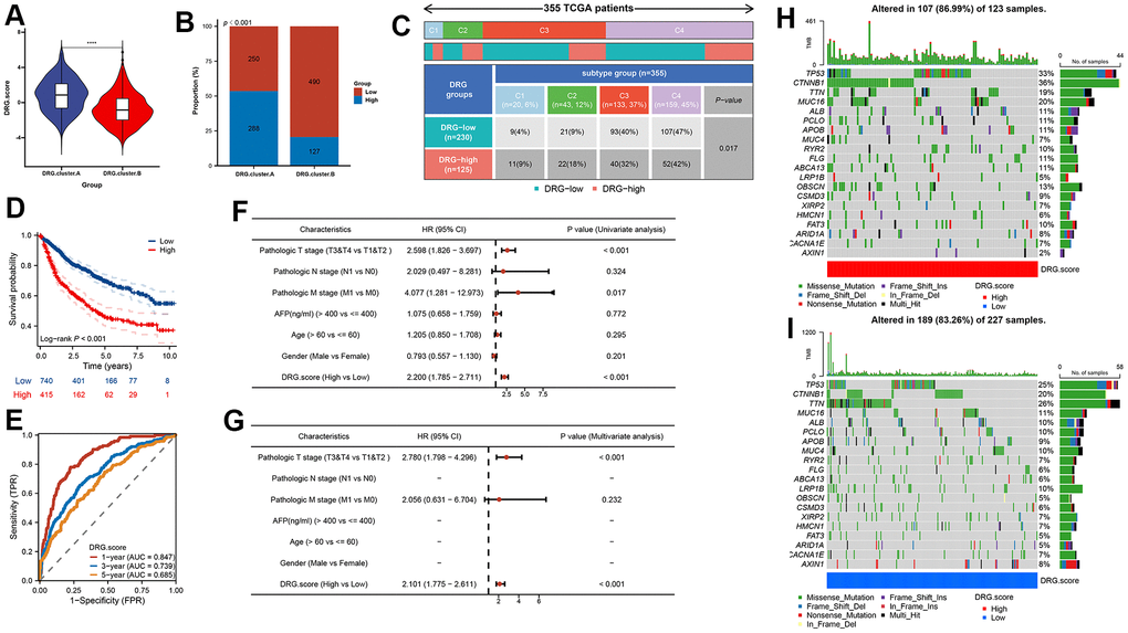 DRG.score model was constructed based on 6 hub genes. (A) Differences in DRG.score among 2 DRG.clusters. (B) The number of high and low DRG.score patients in 2 DEG.clusters groups. (C) Differences in DRG.score between immune subtypes. (D) Kaplan-Meier curves for high and low DRG.score groups. (E) The predictive value of DRG.score. (F, G) The univariate and multivariate Cox regression analysis between DRG.score and overall survival. (H, I) The waterfall plot depicted the differences in frequently mutated genes of hepatocellular carcinoma among high and low DRG.score groups.