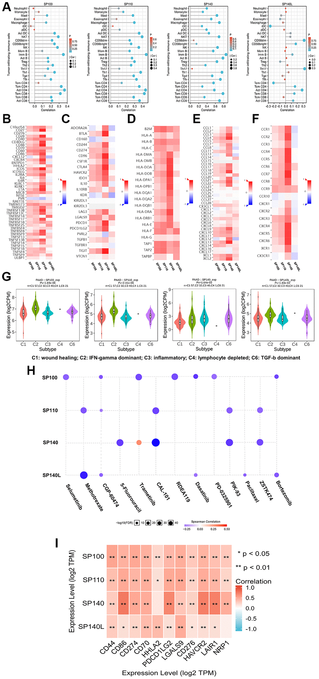 The immune landscape of SP100 family in PAAD. (A) The expression level of SP100/SP110/SP140 was positively correlated with the infiltration level of a variety of tumor infiltrating immune cells, including Act B, Tcm CD8 and Tem CD8, but SP140L was the opposite; (B–F) The expression level of SP100/SP110/SP140 was positively correlated with most immunomodulators, but SP140L was the opposite; (G) The expression of SP100 family was significantly different among the five immune subtypes; (H) The expression of SP100 family was positively correlated with the sensitivity of various targeting or chemotherapeutic drugs. (I) There are significant co-expression correlations between SP100 family members and several immune checkpoint genes, including CD44, HHLA2 and HAVCR2. *p **p 