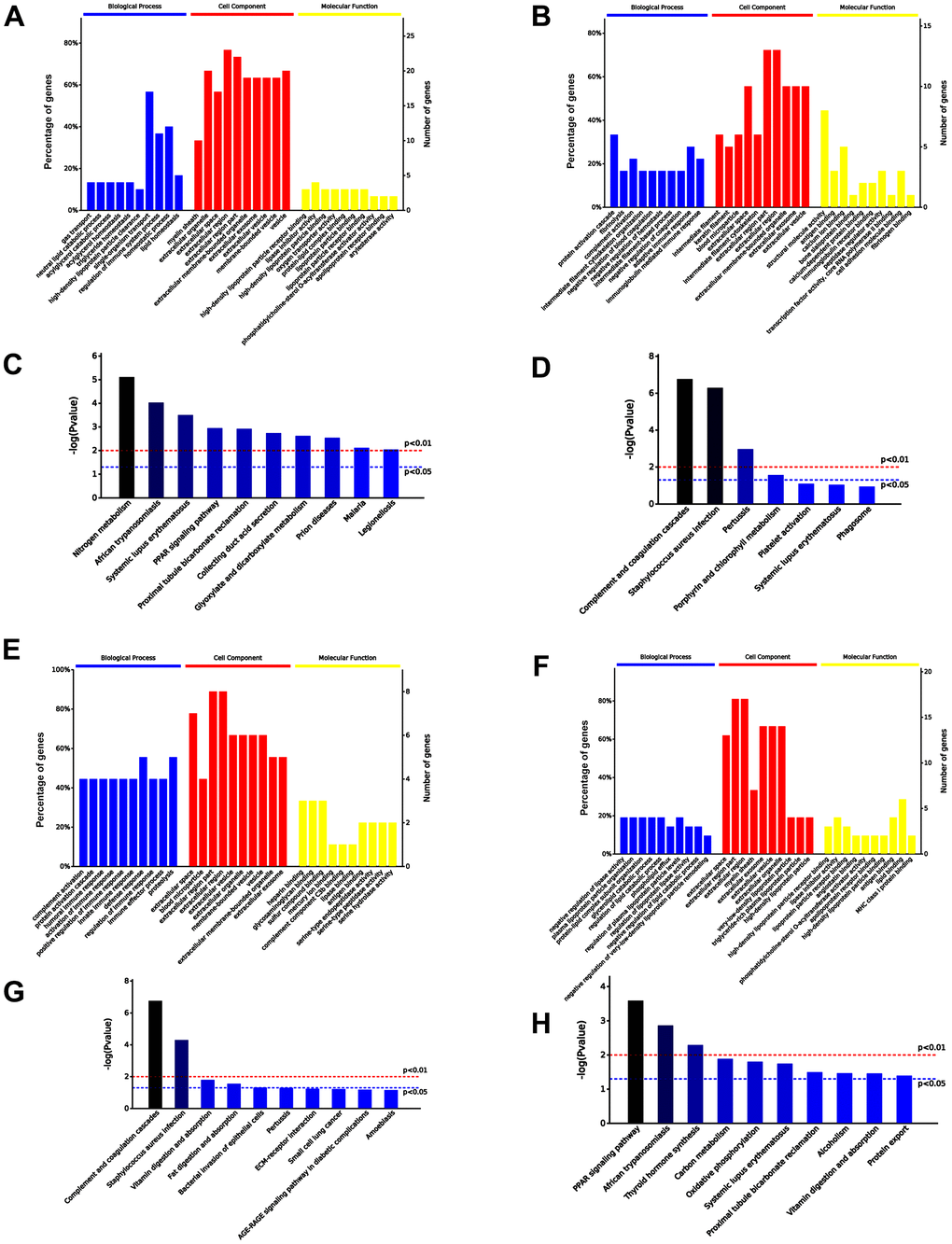 Comparison of serum exosomal proteins between untreated old mice and old mice pre-injected with iPSC-exosomes, and between untreated young mice and young mice pre-injected with iPSC-exosomes groups. (A, B) GO functional annotation of the up- and the down-regulated exosomal proteins in old mice pre-injected with iPSC-exosomes, respectively. (C, D) KEGG pathway enrichment analysis of up- and down-regulated exosomal proteins in old mice pre-injected with iPSC-exosomes, respectively. (E, F) GO functional annotation of the up- and the down-regulated exosomal proteins in young mice pre-injected with iPSC-exosomes group, respectively. (G, H) KEGG pathway enrichment analysis of up- and down-regulated exosomal proteins of young mice pre-injected with iPSC-exosomes group. BP, biological process; MF, molecular function; CC, cellular component.