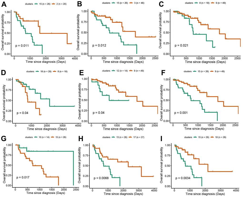 Survival analysis between subgroups of LUAD. (A–I) The survival probabilities between different clusters in LUAD. The statistical analysis was calculated based on log-rank test.