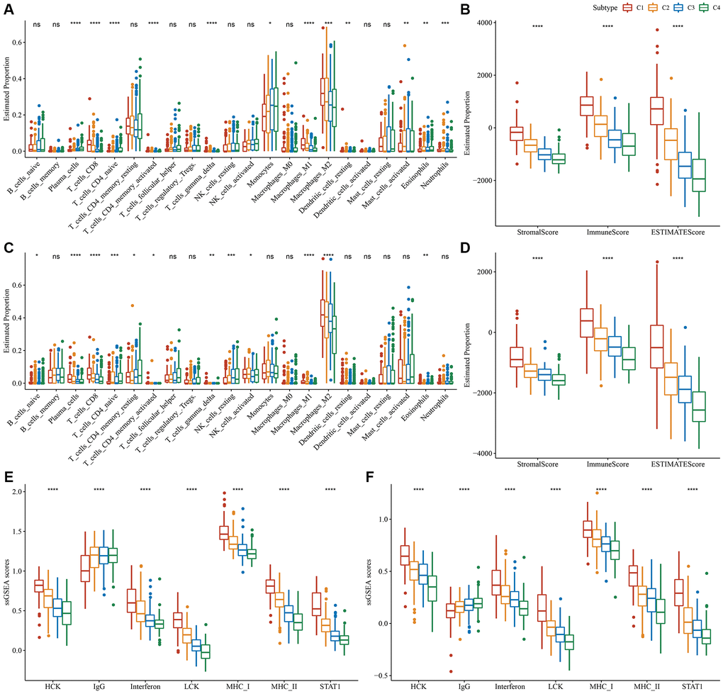 Degree of immune cell infiltration in different molecular subtypes. (A) Variation in 22 immune cell scores among various TCGA-LGG molecular subtypes. (B) Variation in ESTIMATE immune infiltration among various TCGA-LGG molecular subtypes. (C) Variation in 22 immune cell scores among different CGGA cohort molecular subtypes. (D) Variation in ESTIMATE immune infiltration among CGGA cohort molecular subtypes. (E) Variation in the gene cluster scores for the seven inflammation-related genesets among molecular subtypes in the TCGA-LGG cohort. (F) Differences in the gene cluster scores for the seven inflammation-related genesets among molecular subtypes in the CGGA cohort. *P **P ***P ****P 