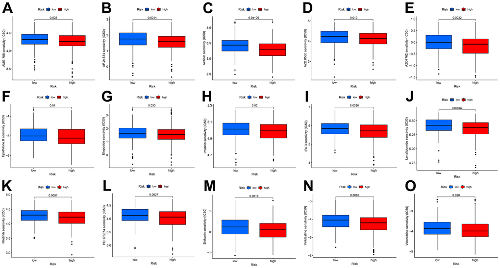 Drug IC50 analysis in CDM risk signature (blue represents low CDM risk group, red represents high group). (A) AMG.706 (p=0.025); (B) AP.24534 (p=0.0014); (C) Axitinib (p=6.9e^-6); (D) AZD.0530 (p=0.012); (E) AZD7762 (p=0.0032); (F) Epothilone (p=0.04); (G) Etoposide (p=0.033); (H) Imatinib (p=0.02); (I) IPA.3 (p=0.0026); (J) Lenalidomide (p=0.00067); (K) Nilotinib (p=0.0051); (L) PD.173074 (p=0.0027); (M) Shikonin (p=0.0016); (N) Vinblastine (p=0.0085); (O) Vinorelbine (p=0.028).