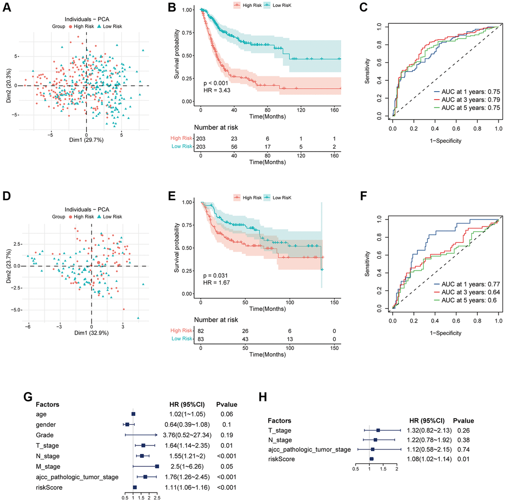 Validation of coagulation-related risk signature in TCGA set and external validation set. (A–C) PCA classification map, K-M curve, and ROC curve in TCGA dataset. The 1-year, 3-year, 5-year AUC of ROC curve is 0.75, 0.79, 0.75, respectively, while HR of KM curve is 3.43, p D–F) PCA classification map, K-M curve, and ROC curve in external validation dataset. The 1-year, 3-year, 5-year AUC of ROC curve is 0.77, 0.64, 0.6, respectively, while HR of KM curve is 1.67, p = 0.031. (G) Multivariate COX regression forest map in TCGA dataset. Riskscore is an independent risk factor for prognosis. HR = 1.11, p H) Multivariate COX regression forest map in external validation dataset. Riskscore is an independent risk factor for prognosis. HR = 1.08, p = 0.01.