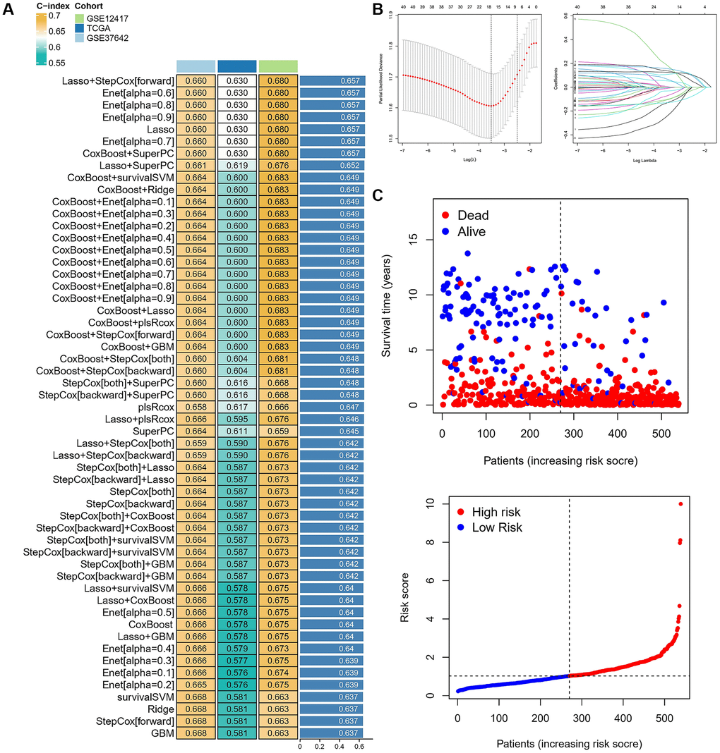 Characterization of different cuprotosis-regulatory subtypes. (A) The C-indexes of 55 machine-learning algorithm combinations in the three cohorts. (B) LASSO coefficient profiles and cross-validation for tuning the parameter selection in the LASSO analysis. (C) Risk Score and Survival Status.